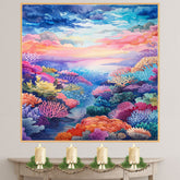 Watercolor Painting of Lush Colorful Coral Reef with Ocean Horizon and Dramatic Sunset Sky in Blues Pinks and Purples on Ready to Hang 1.5" Thick Canvas Wrap, Floating Framed Canvas, Flat Rolled Canvas